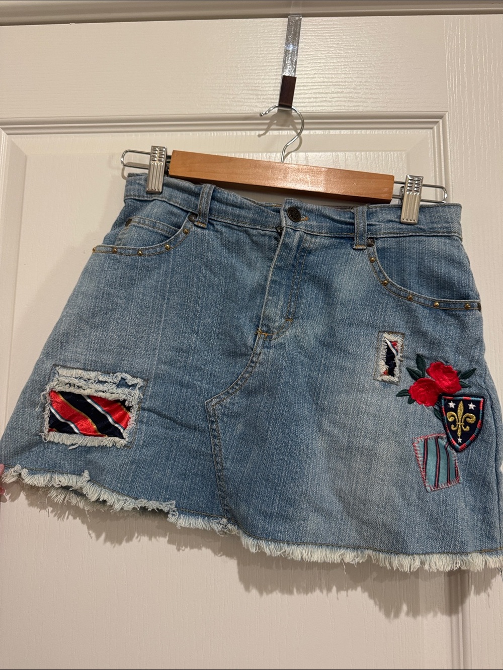Light Blue Denim Mini Skirt with Patchwork & Embroidery